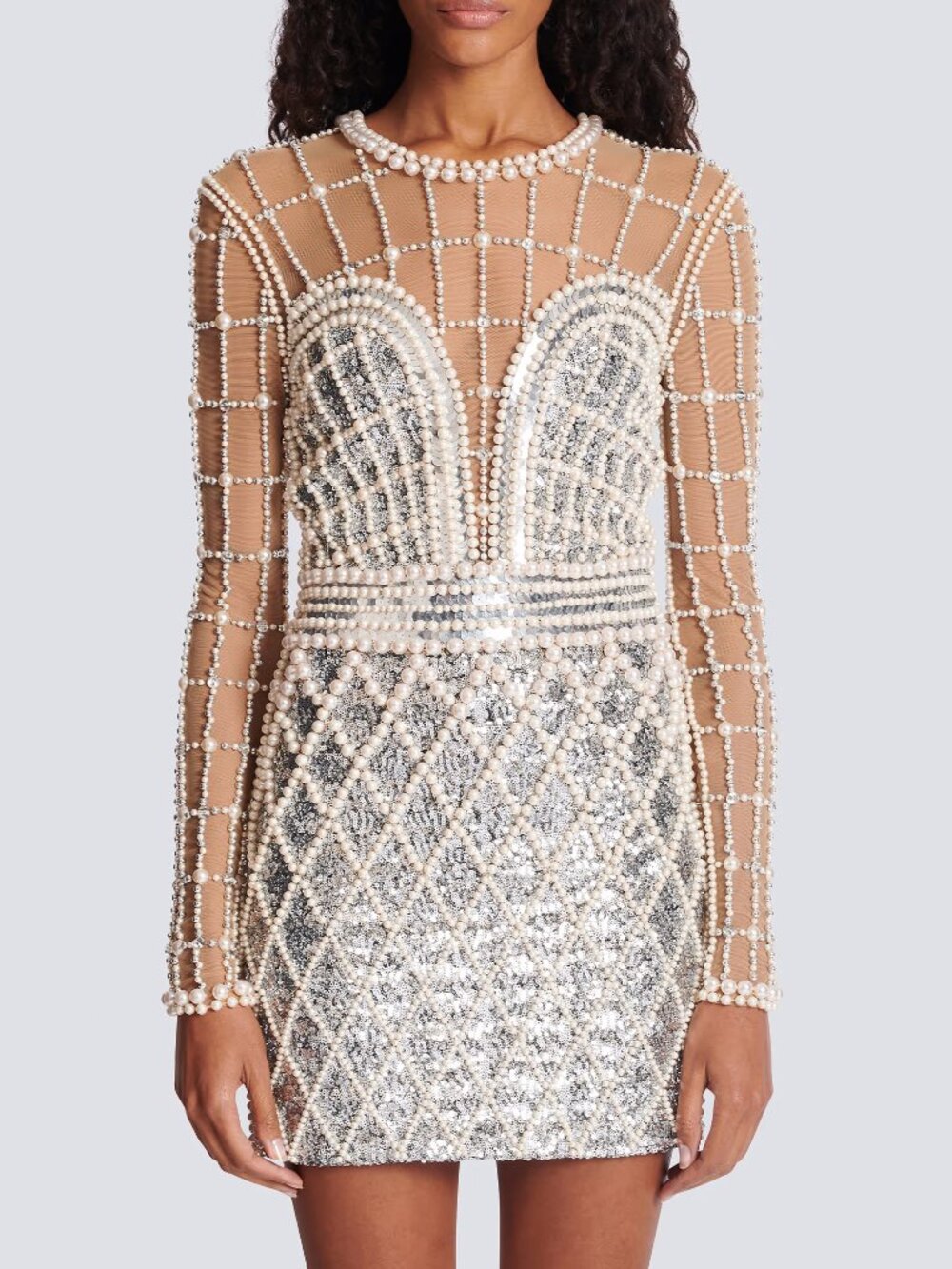 Balmain Pearl and Crystal Embellished Sequin Mini Dress Silver Size FR 38 US 6